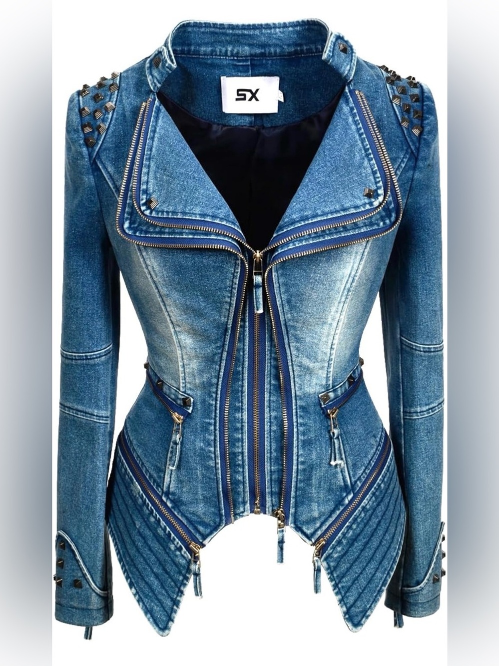 Women’s Studded Denim Moto Jacket – Fitted Double-Zip Y2K Biker Jacket